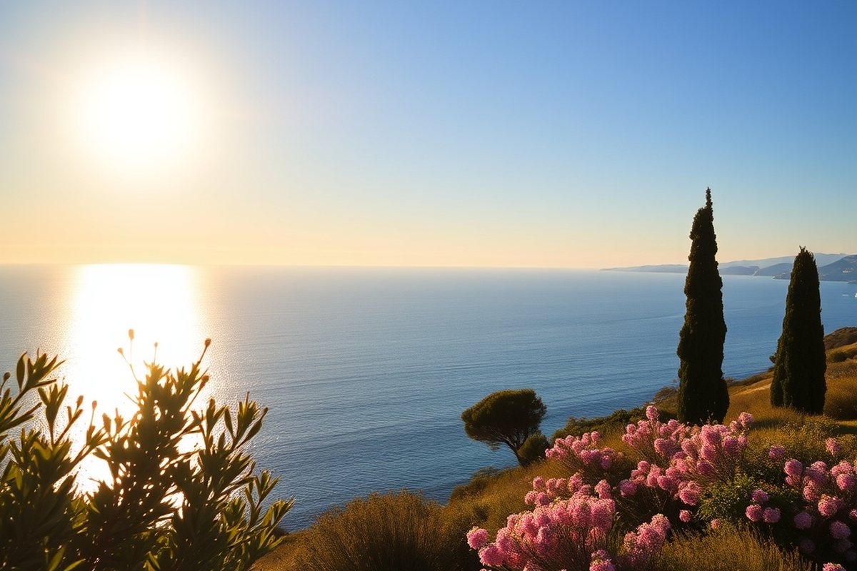 The French Riviera coastline in golden light